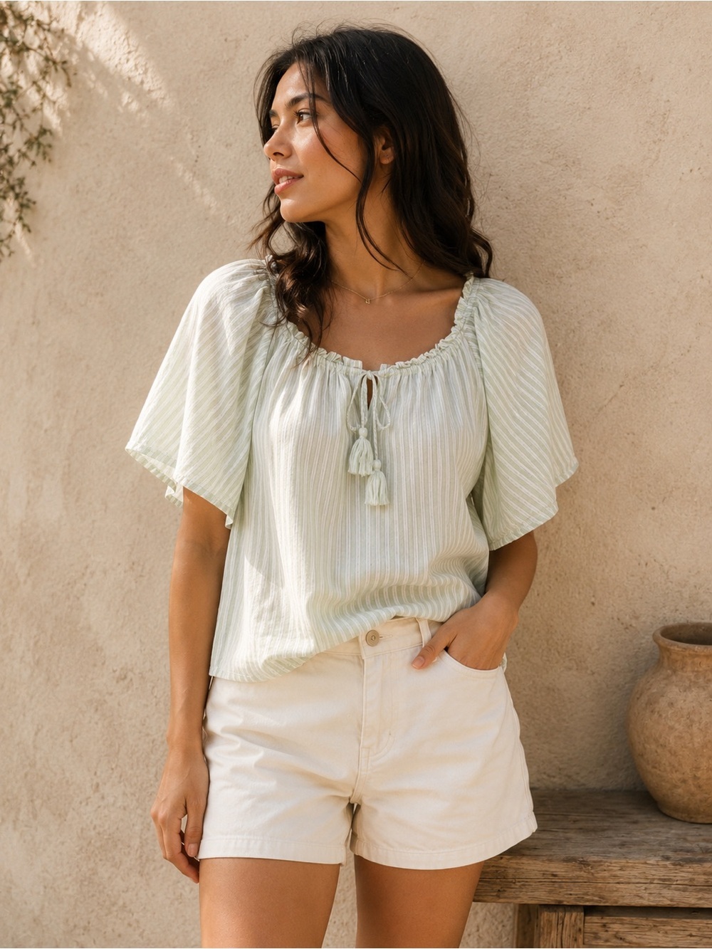 OLD NAVY | Light Sage Stripe Peasant Blouse | Cottagecore Boho Top | Size L
